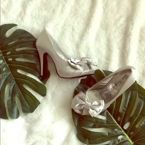 Silver Satin Bow Peep Toe Pumps